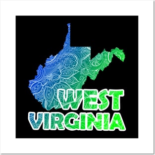 Colorful mandala art map of West Virginia with text in blue and green Posters and Art